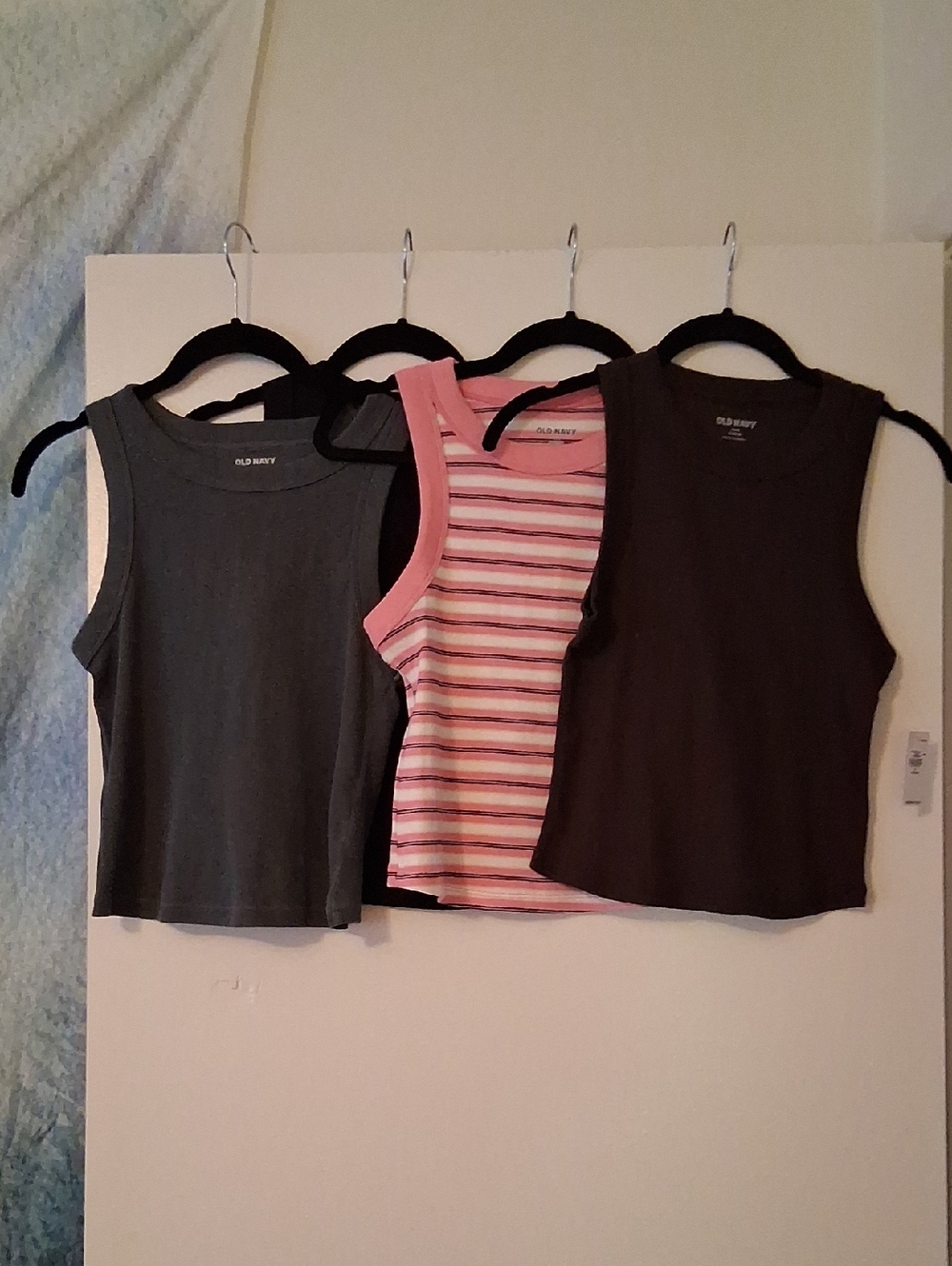 Four Old Navy Women's Ribbed Tank Tops— Pink Striped, Charcoal, Coffee & Black